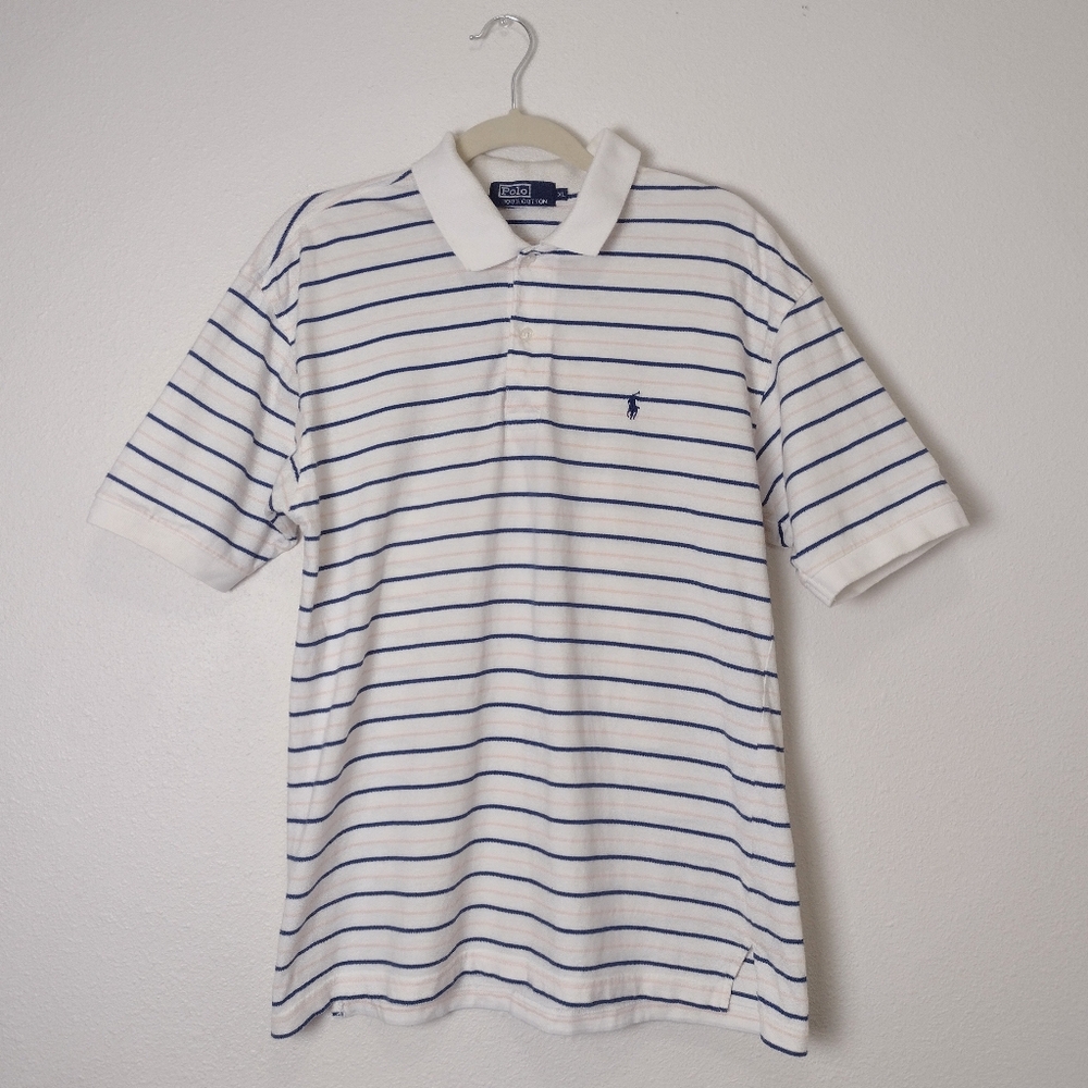 Vintage Polo Ralph Lauren Y2K White Blue Striped Short Sleeve Cotton Polo Shirt